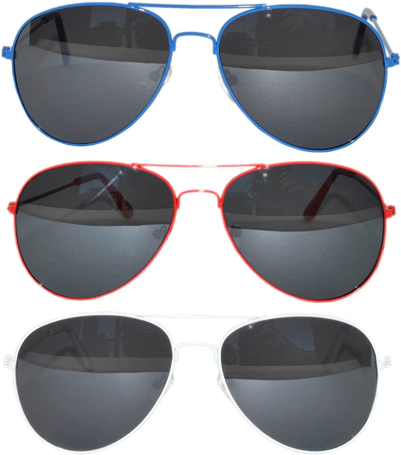 OWL Set of 3 Pack Aviator Style Sunglasses Colored Metal Frame Mirror Lens Smoke Lens