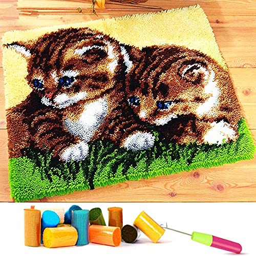 Image of EMISTEM Latch Hook Kits for Adults - DIY Latch Hook Rug Kits, Crochet Kit for Beginners, Rug Making Kits with Printed Canvas, Gift Packaging. (Two Grass Cats, 16x21 inch)
