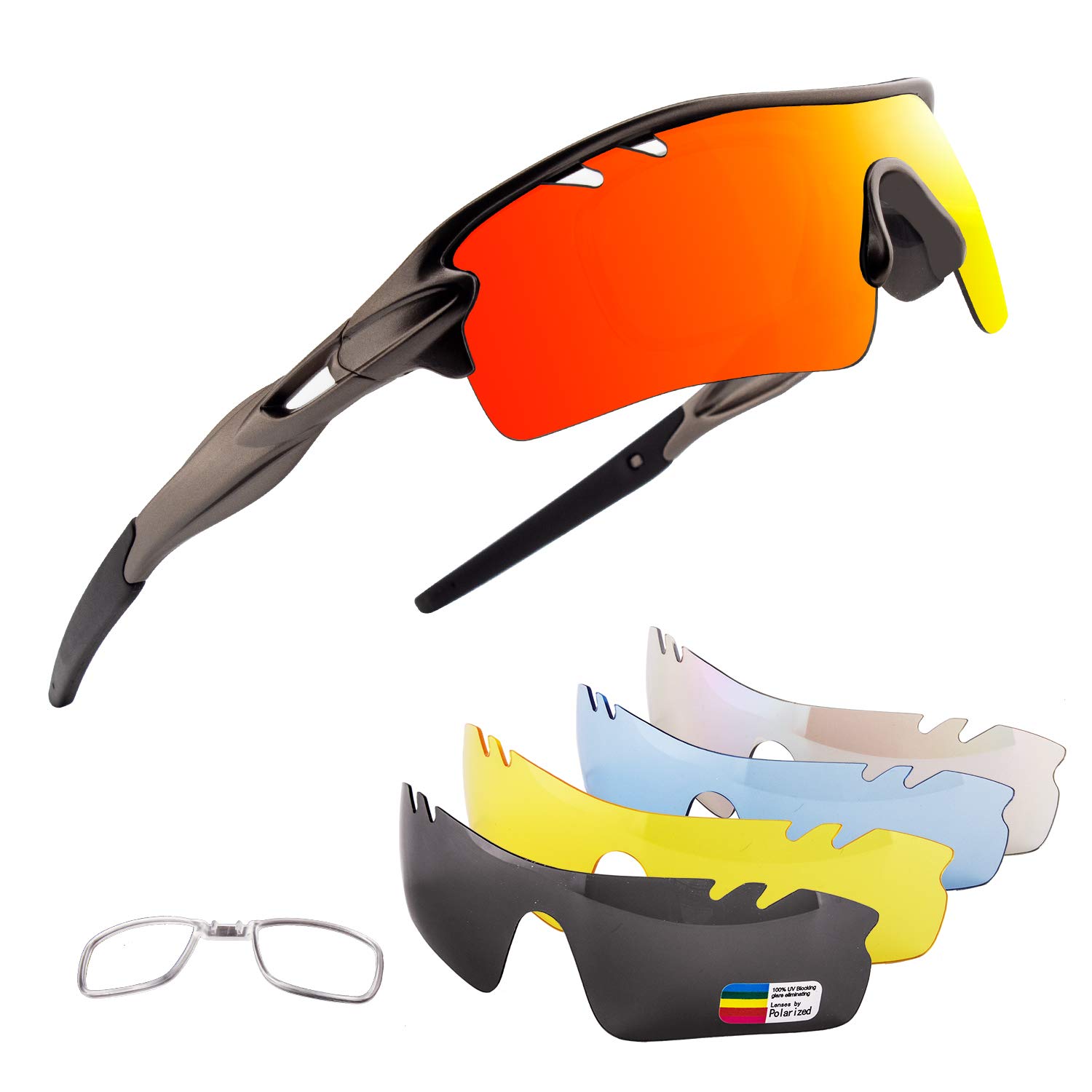 Men Polarized Sports Sunglasses with 5 Interchangeable Lenes Cycling Glasses for Women Running Driving Fishing Golf Baseball XQ515 (Gun Gray/Black)