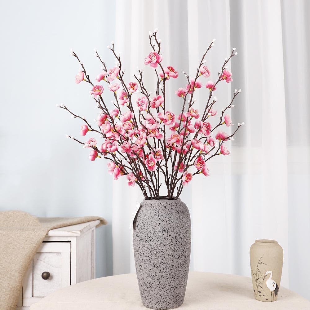 Pink Artificial Flowers 12Pcs Set - Fake Plum Blossom that Looks Real, 55cm Long for Vase, Perfect for Home Office Decoration