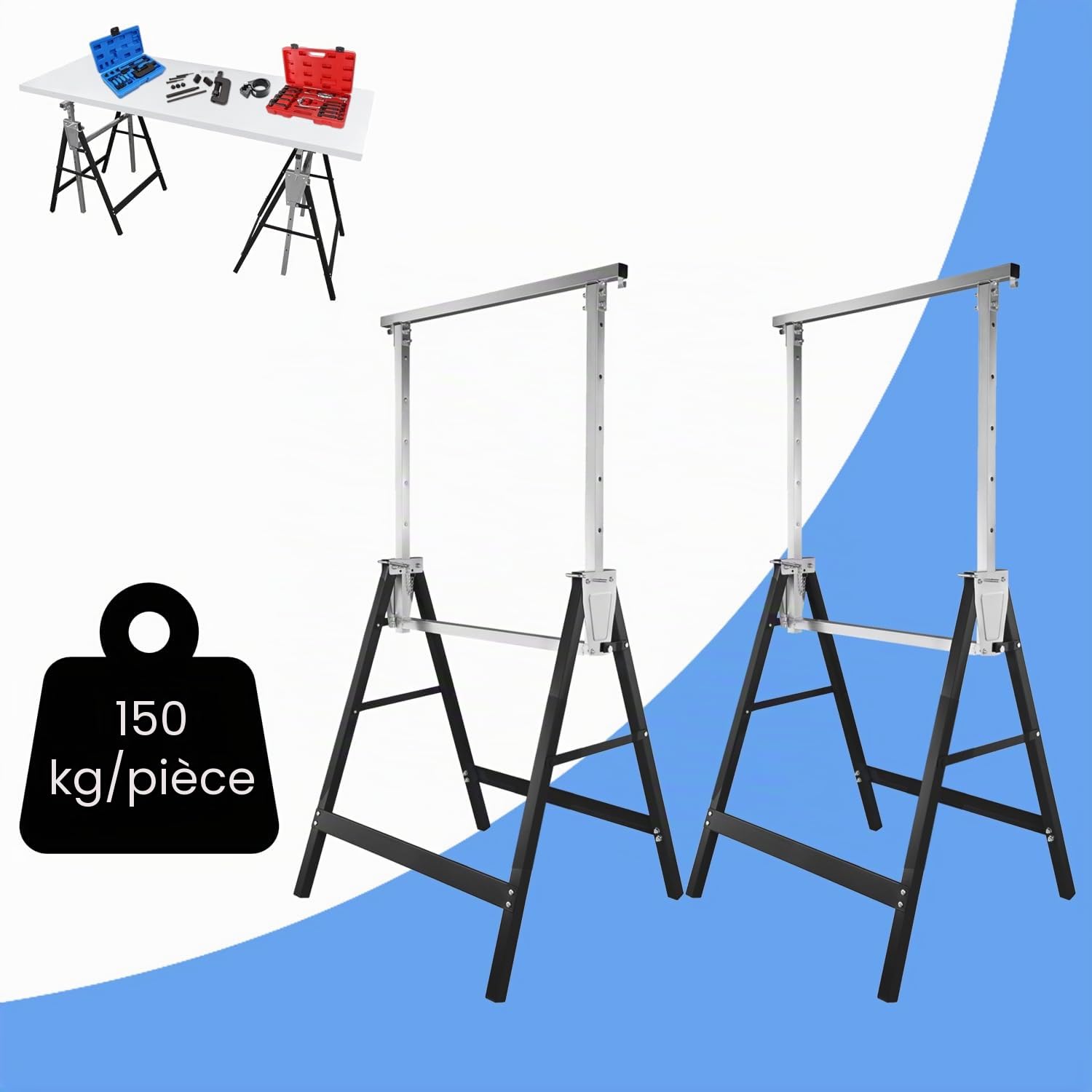 Lot de 2 tréteaux d'échafaudage 200 kg - Réglables en hauteur sur 7 positions de 81 à 130 cm - Pliables en métal, Tréteau pliant, Tréteau d'échafaudage, Tréteau de travail - Tréteau métallique