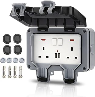 GothicBride Outdoor Socket IP66 Weatherproof Wall Electrical Outlets 2 Gang Switched with USB Charging Port with Installation Tool