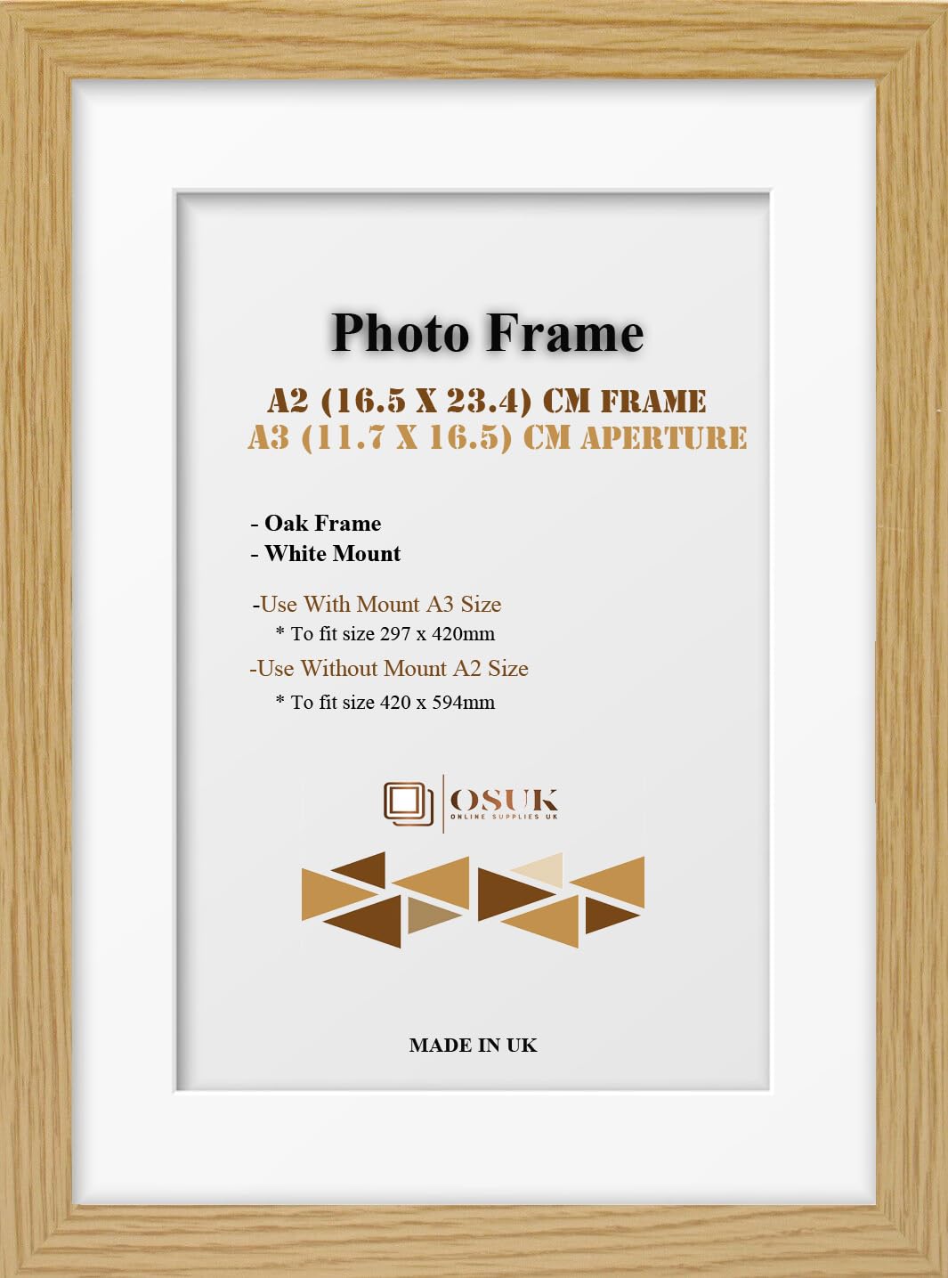 Frame Eazy Oak Osuk A2 Frame With A3 Mount Modern Photo Frame With White Mount - Clear Perspex Front & Wall Mounting Poster Frame - A2 Picture Frame With A3 White Mount