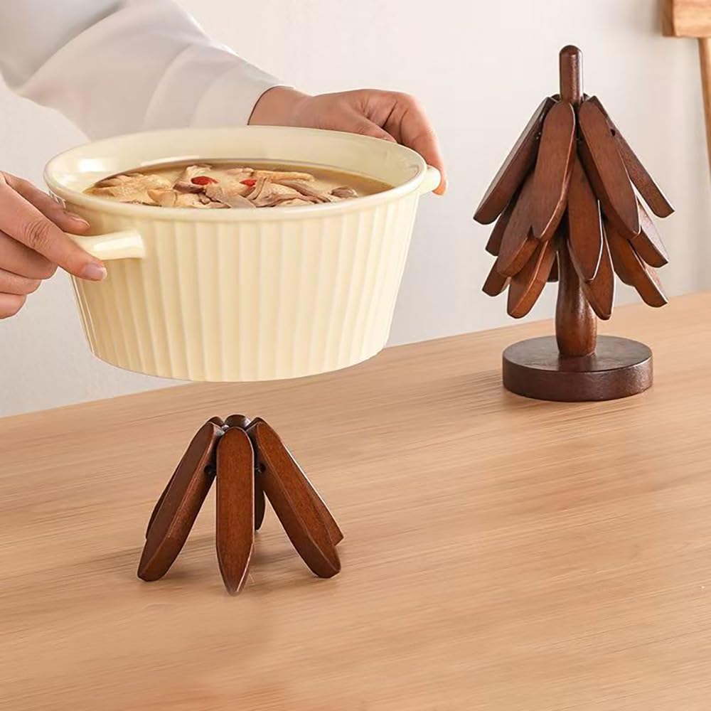 Lot de 4 Dessous de Plats en Bois pour Plats Chauds 4 Dessous de Plat en Bois + 1 Support rangé comme Un Sapin de Noël Supports Isolants en Boi Pliables pour Théière Poêle Bol