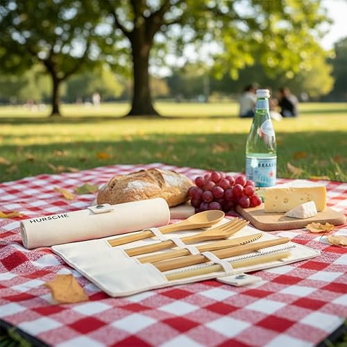 Miniatura 3 de Juego de utensilios de bambú reutilizables para viaje, kit de cubiertos portátiles ecológicos con tenedor de madera, cuchara, cuchillo, palillos y