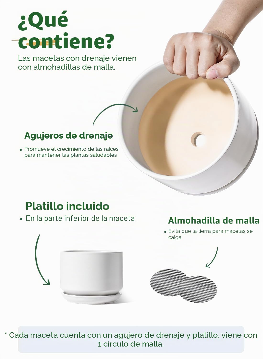 LE TAUCI Macetas de cerámica, 4.3 + 5.3 + 6.8 Pulgadas, Juego de 3, macetas con Agujero de Drenaje y platillo, Maceta de Interior con Almohadilla de Malla con Agujero, Regalos para mamá, Color Blanco