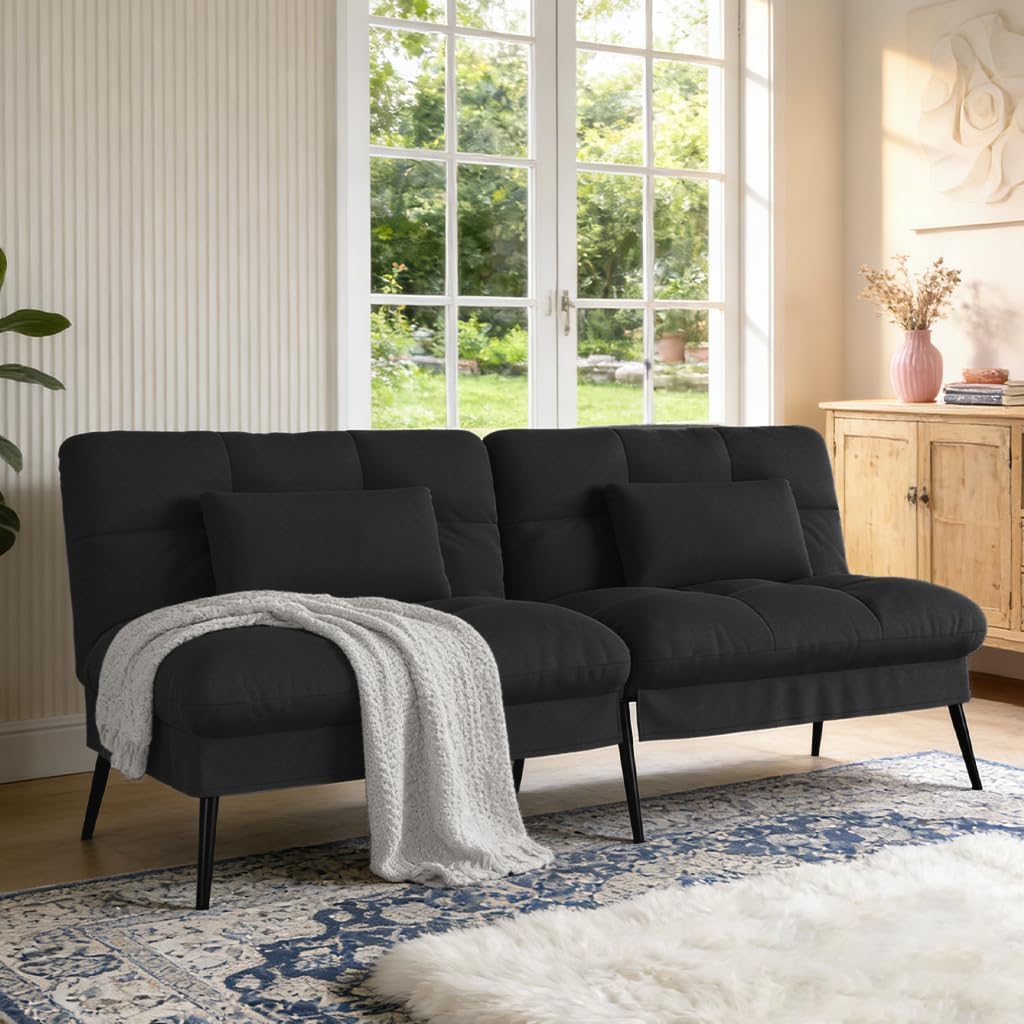 COMHOMA 72″ Futon Sofa Bed, Sleeper Sofa with Adjustable Backrest, Black | Convertible Fabric Futon Couch with Pillows,Upholstered Recliner Lounge,Multi-angle Loveseat,Living Room Furniture