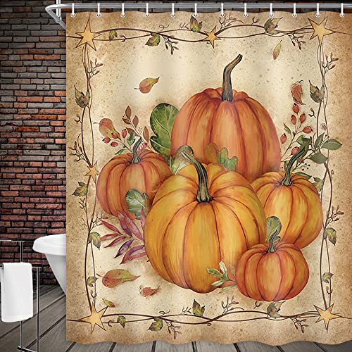 Image of Boziqr Fall Shower Curtains for Bathroom, Autumn Pumpkin Harvest Farmhouse Thanksgiving Halloween Fabric Shower Curtain with Hooks Set 70x70 Inch