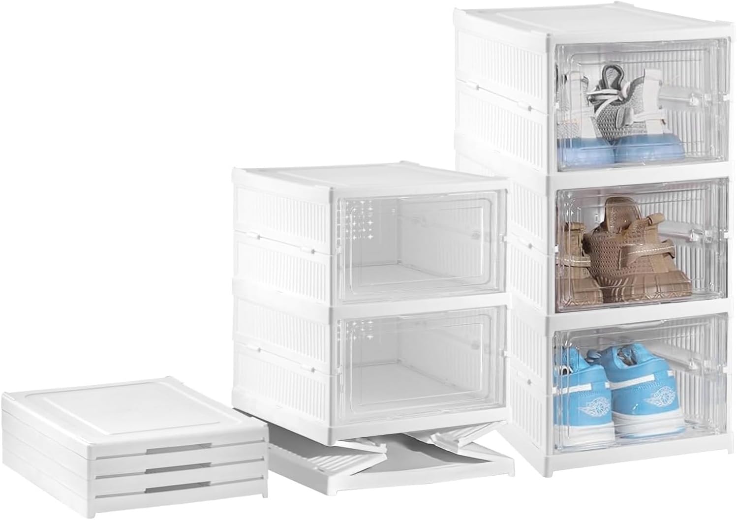BREEZENEST Stackable Shoe Storage Organiser, Transparent Plastic Shoe Boxes with Doors Foldable Cabinet Holds up to UK Size 12 Trainers Easy Assembly PP Plastic Closet Solution (3)