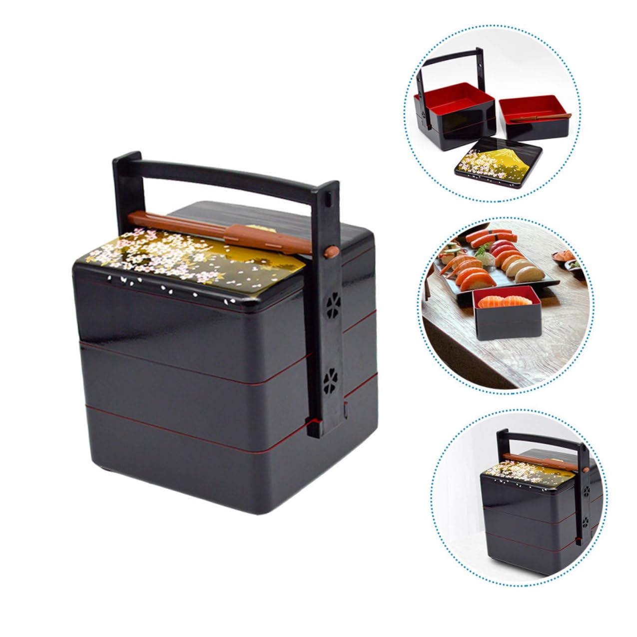 Contenitore Sushi Portatile Tre Strati in Stile Giapponese Scatola Bento per Pranzo all Aperto Porta Cibo Compatto per Picnic Scuola e Lavoro Design Elegante Nero-rosso Facile da