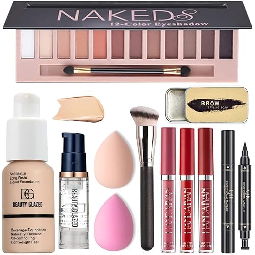 All in One Makeup Kit For Girls 12 Colors Naked Eyeshadow Palette, Nude Foundation Face Primer, Makeup Brush, Makeup Sponge, Eyebrow Soap Kit Brows Gel, Winged Eyeliner Stamp Makeup Set (SetA)
