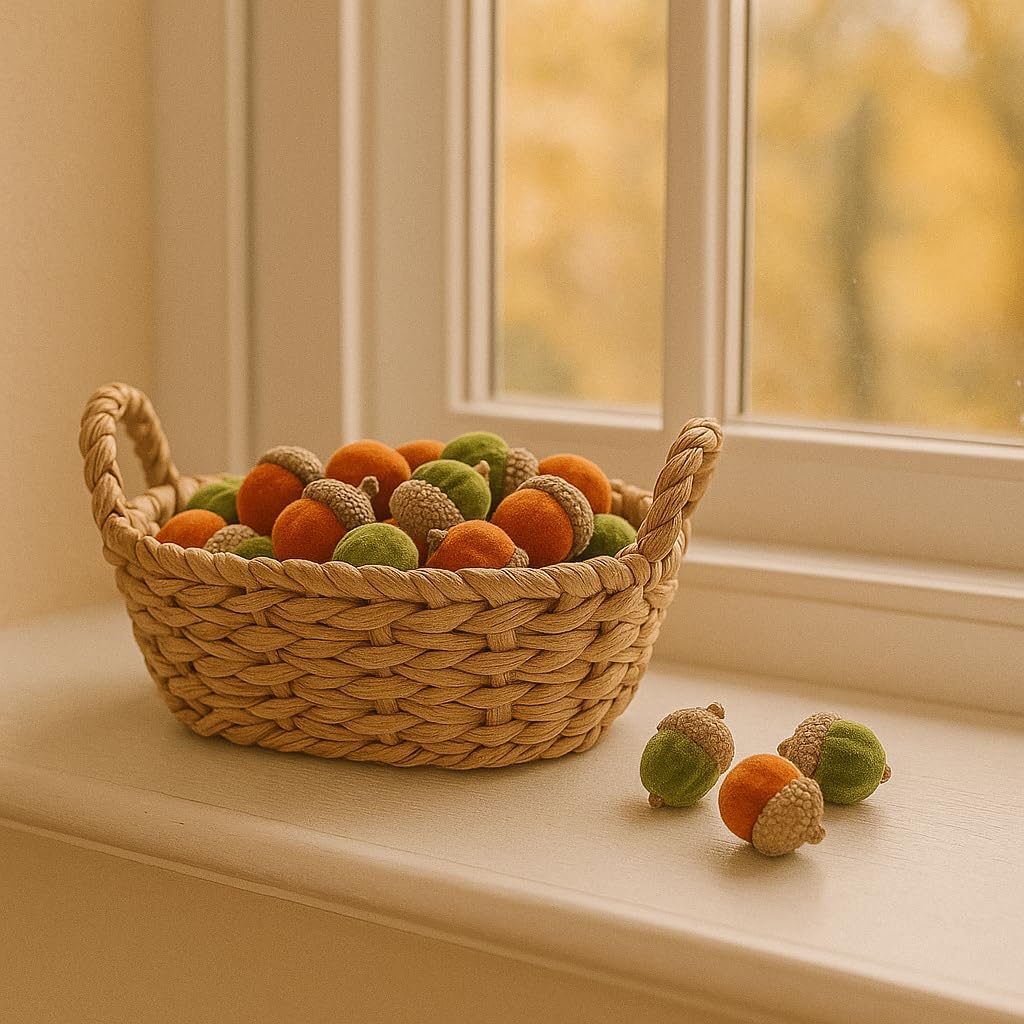 Box of Decorative Velvet Acorns Autumn - Green/Orange - Autumn Decoration Acorn Themed Décor Prop Foliage - Autumnal Decoration - Perfect for Home, Kitchen, Living Room