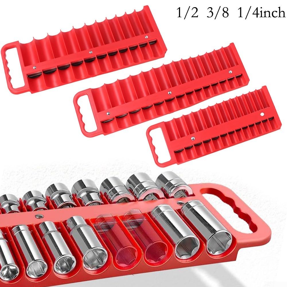 Vassoio organizer magnetico con ABS resistente e doppie strisce magnetiche per prese SAE e metriche da 1/4 3/8 1/2 pollici, rosso/nero (rosso)