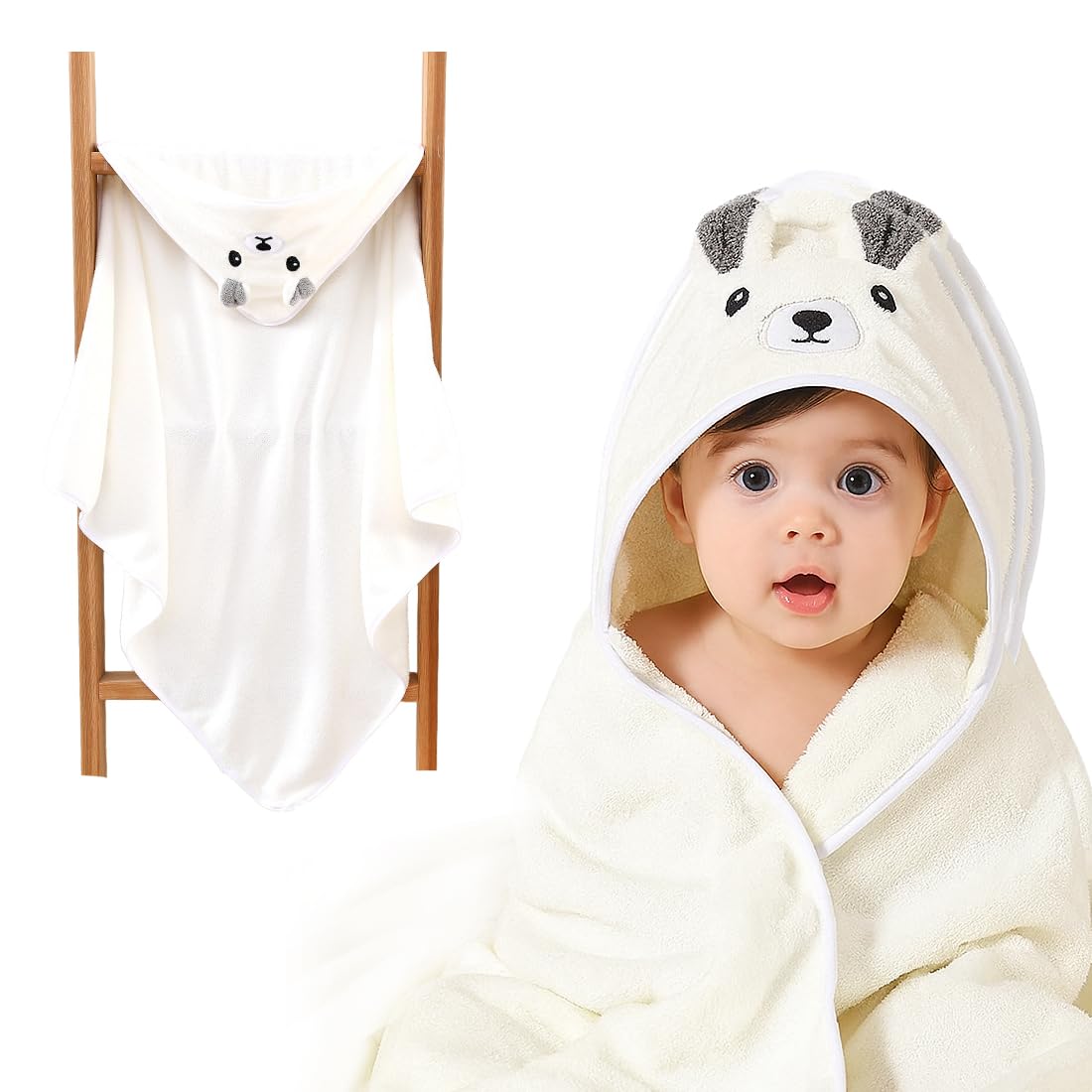 Toalla de baño con capucha para bebé, toalla bebe recien nacido, toalla con capucha,suave y súper absorbente, lavable a máquina, toallas de baño para niños pequeños, 0-3 años, Blanco