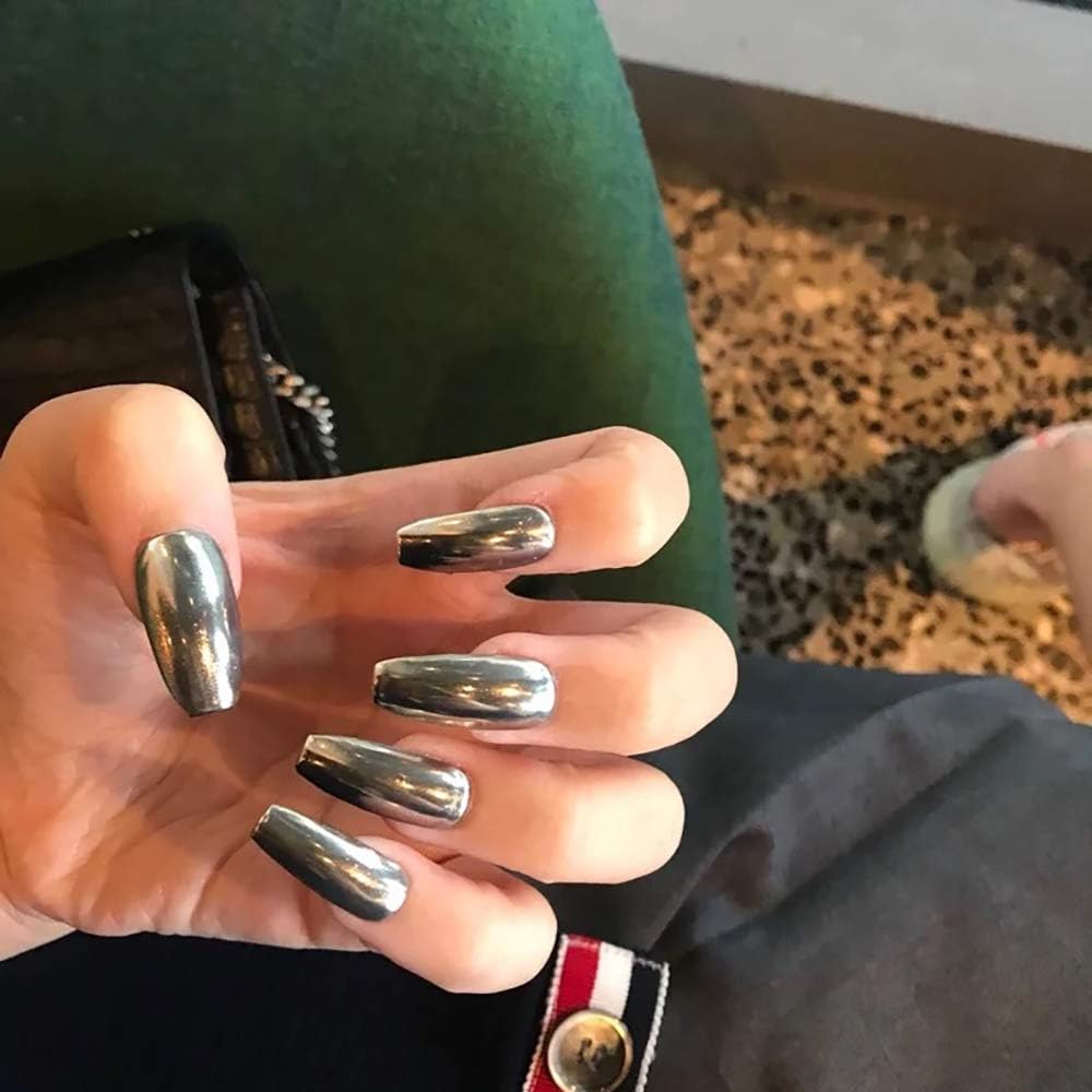 Yeemoo 24Pcs Metal gray Ballet long punk metal wind fake nails