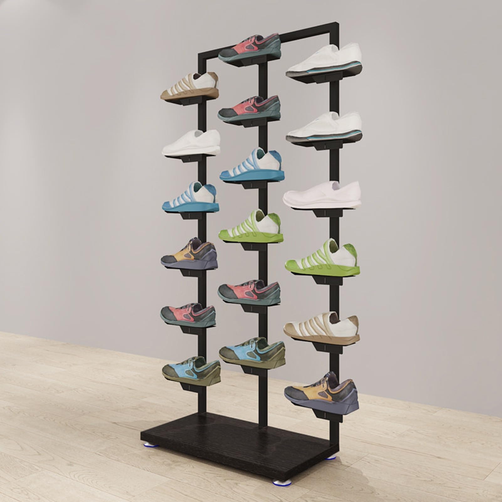 UrbanUp Espositore Scarpe Espositore per Scarpe per Grandi Negozi di Abbigliamento, Scaffale per Scarpe da Ginnastica e da Basket, Espositores per Collezioni di Scarpes(Black+wood A,L)