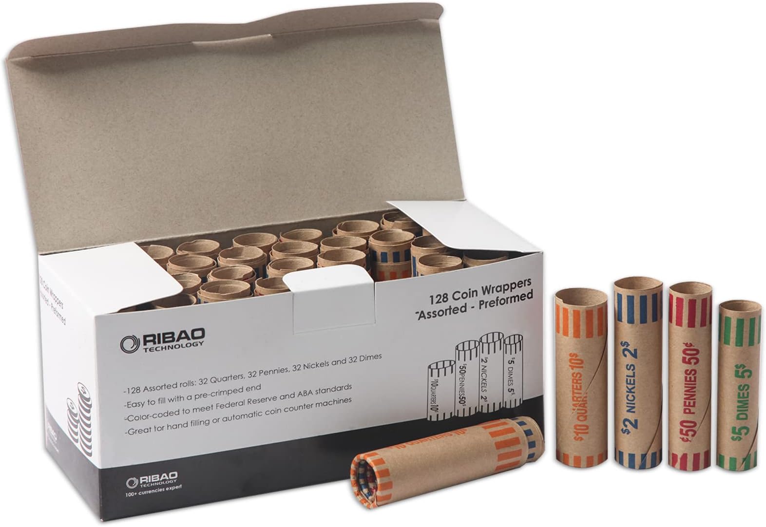 Ribao 128 Assorted Coin Roll Wrapper Preformed Crimped End, Nickels, Dimes, Pennies and Quarters(128 Assorted, 32 Each)