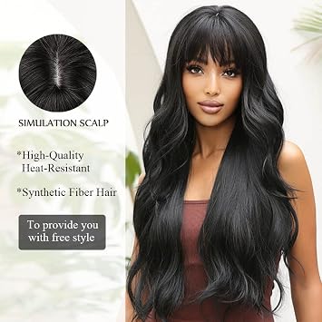 Long Wavy Black Wigs for Women Natural Synthetic Hair Heat Resistant Wigs for Daily Party Cosplay Wear-28 Inches