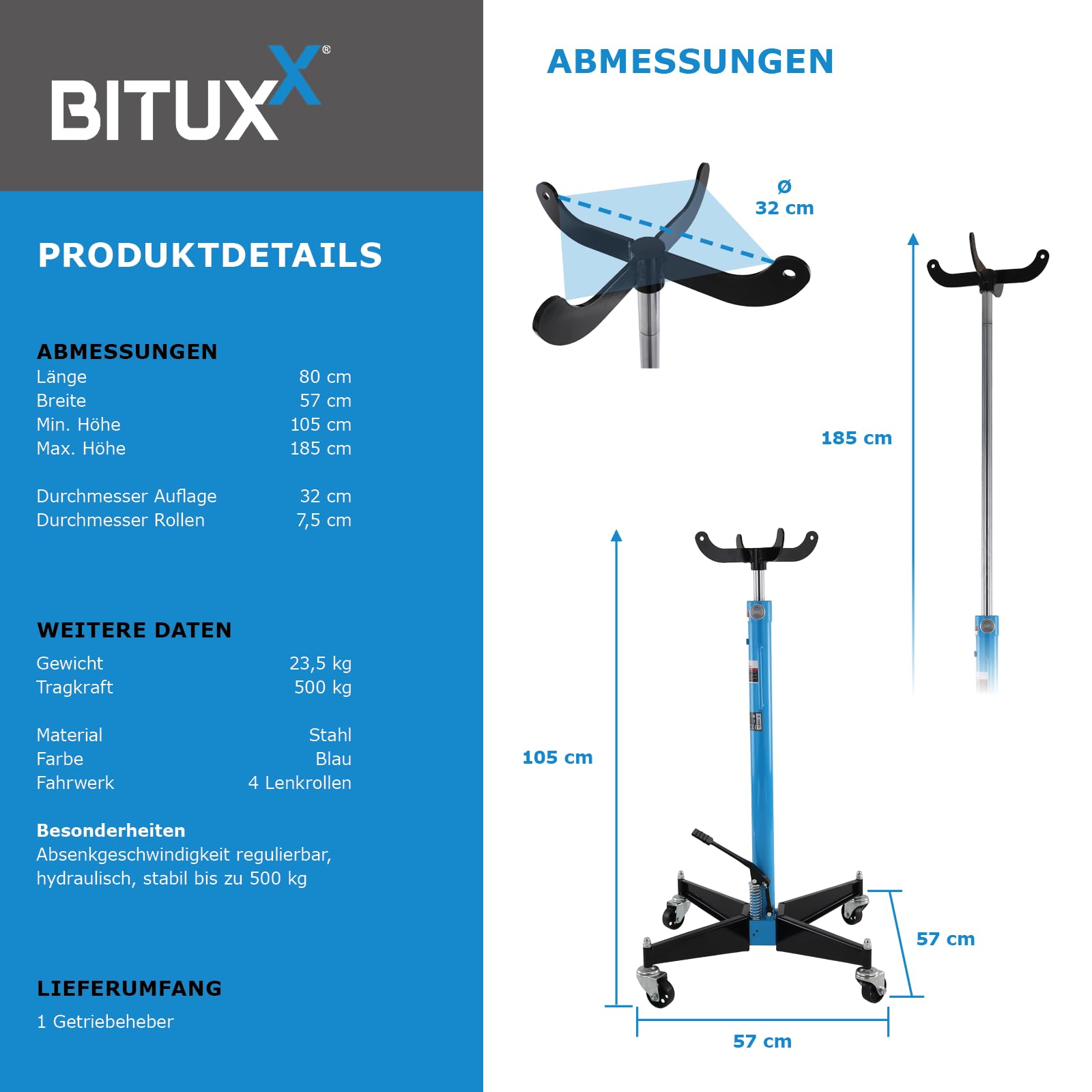 Bituxx Hydraulischer Getriebeheber Werkstatt Hydraulikheber Höhenverstellbar Getriebewechsel PKW KFZ 500Kg 105-185cm