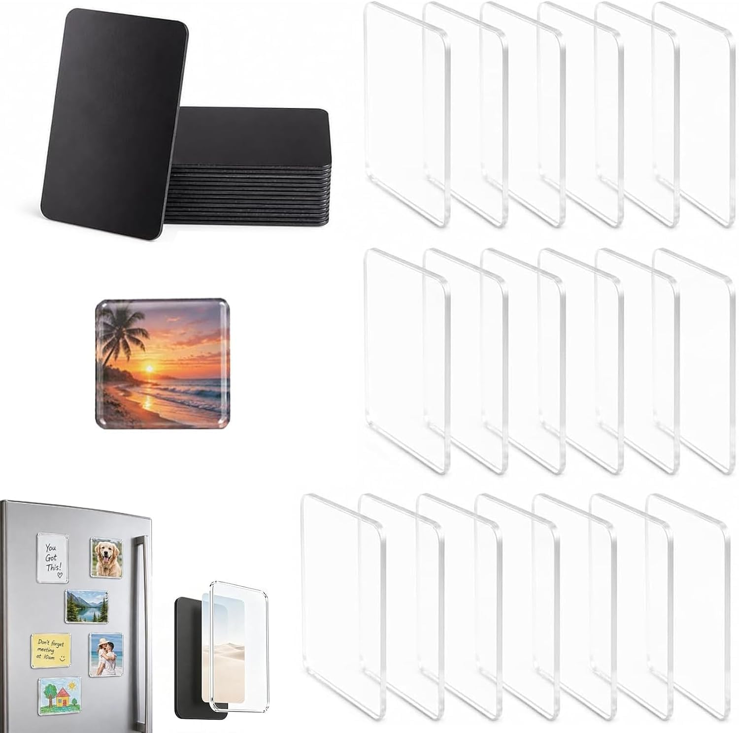 20 Pcs DIY Fridge Magnets,2 Inch Clear Acrylic Photo Magnet Kit with Peel-and-Stick Application for Personalized Wall Decor,Locker Displays,Memory Keepsakes & DIY Crafts.，Rectangular