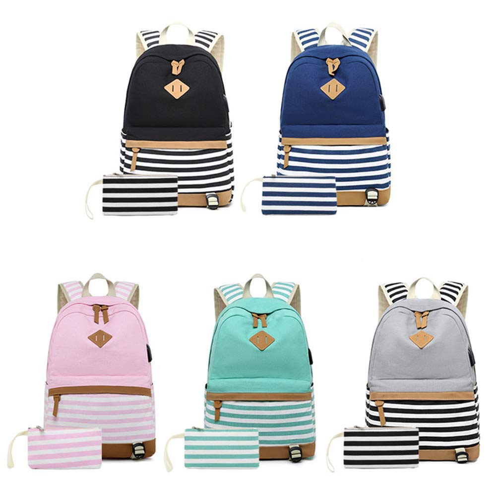 HFY School Backpack, Laptop Backpack 15.6 Inch, Canvas Backpack School Bags Set for Teens Girls School Backpack with USB Port and Earphone Port, College School Bag for Casual Travel (green-1)