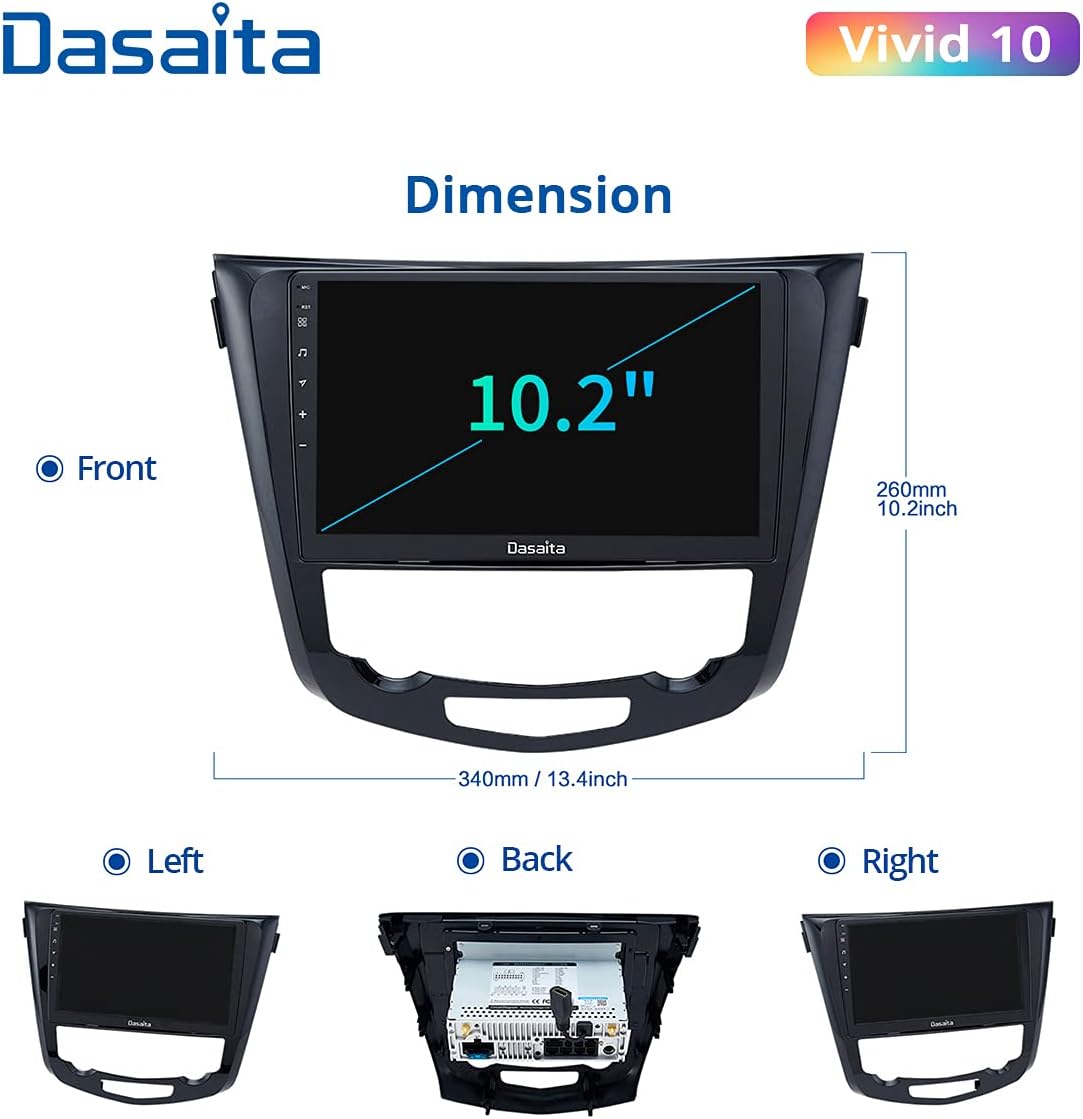 Diagram showing the front, left, back, and right views of the Dasaita 10.2-inch head unit with dimensions: 340mm (13.4 inches) width and 260mm (10.2 inches) height.