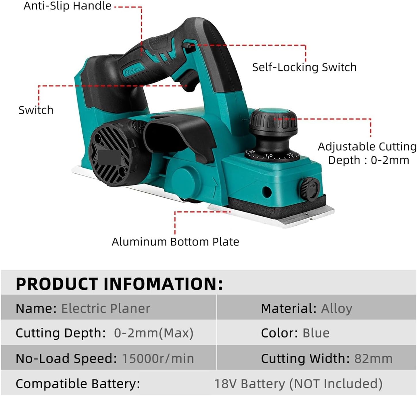 15000RPM 18V Rechargeable Electric Planer Cordless Handheld Wood Cutting Tool With Wrench