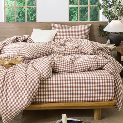 Image of MooMee Gingham Duvet Cover Set 100% Washed Cotton Linen Like Textured Breathable Durable Soft Comfy Modern Checkered Design (Dark Orange Gingham, Full 80 inchx90 inch)