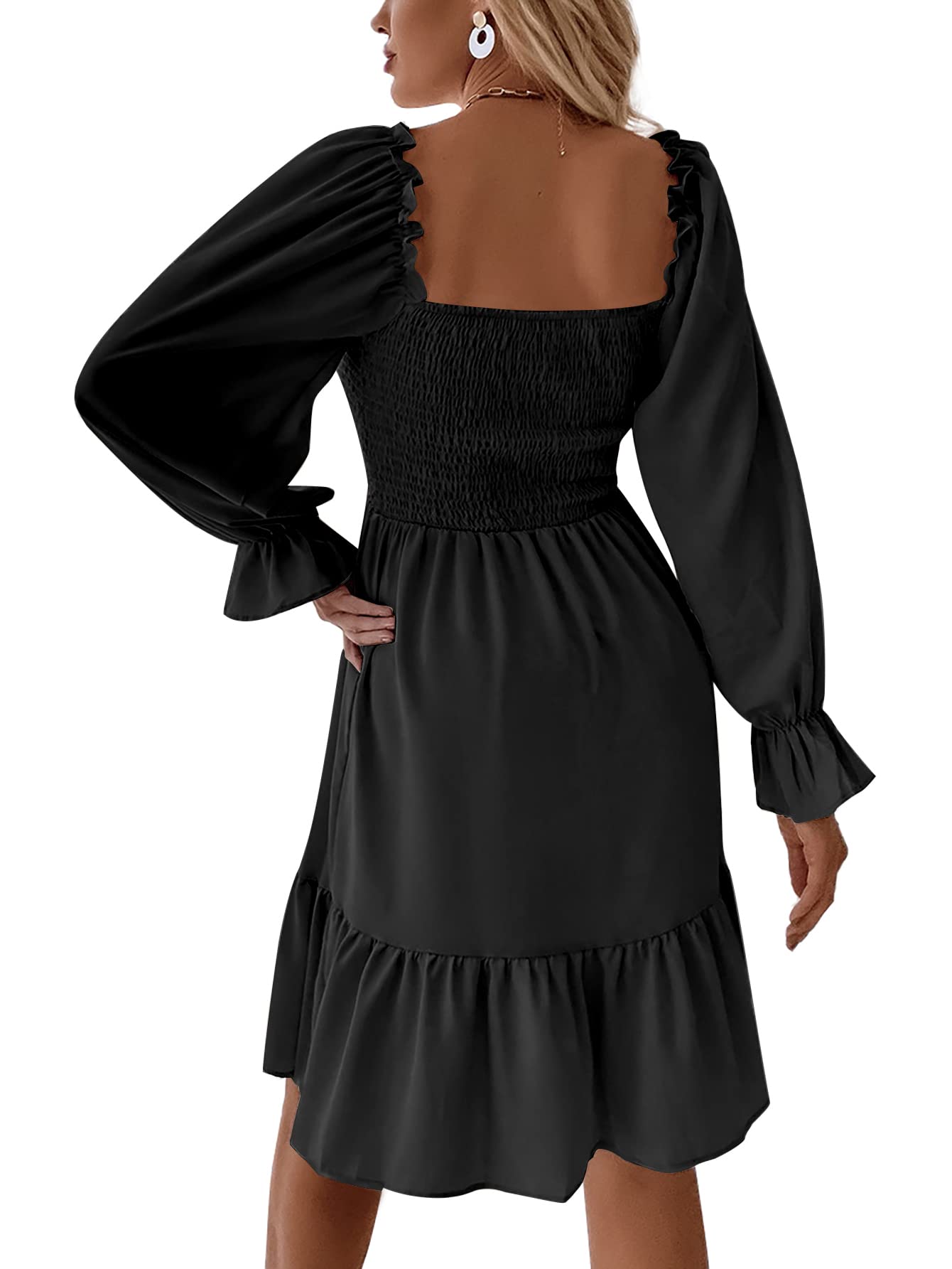LYANER Women's Long Puff Sleeve Square Neck Shirred Ruffle Swing Midi Dress Solid Black X-Large
