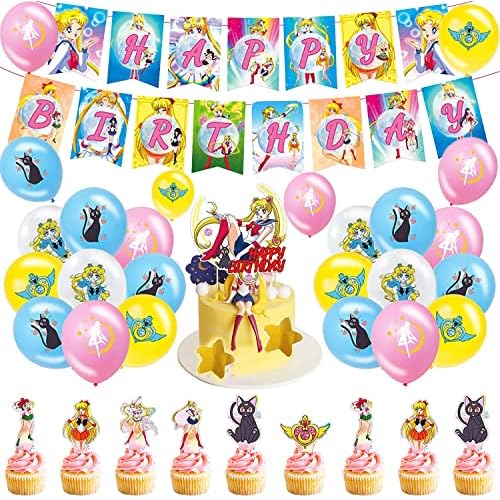 Decoraciones de Fiesta Cumpleaños Sailor Moon Globos Pancarta de Feliz Cumpleaños Adorno de Tarta para Niños Sailor Moon Decoraciones de Cumpleaños