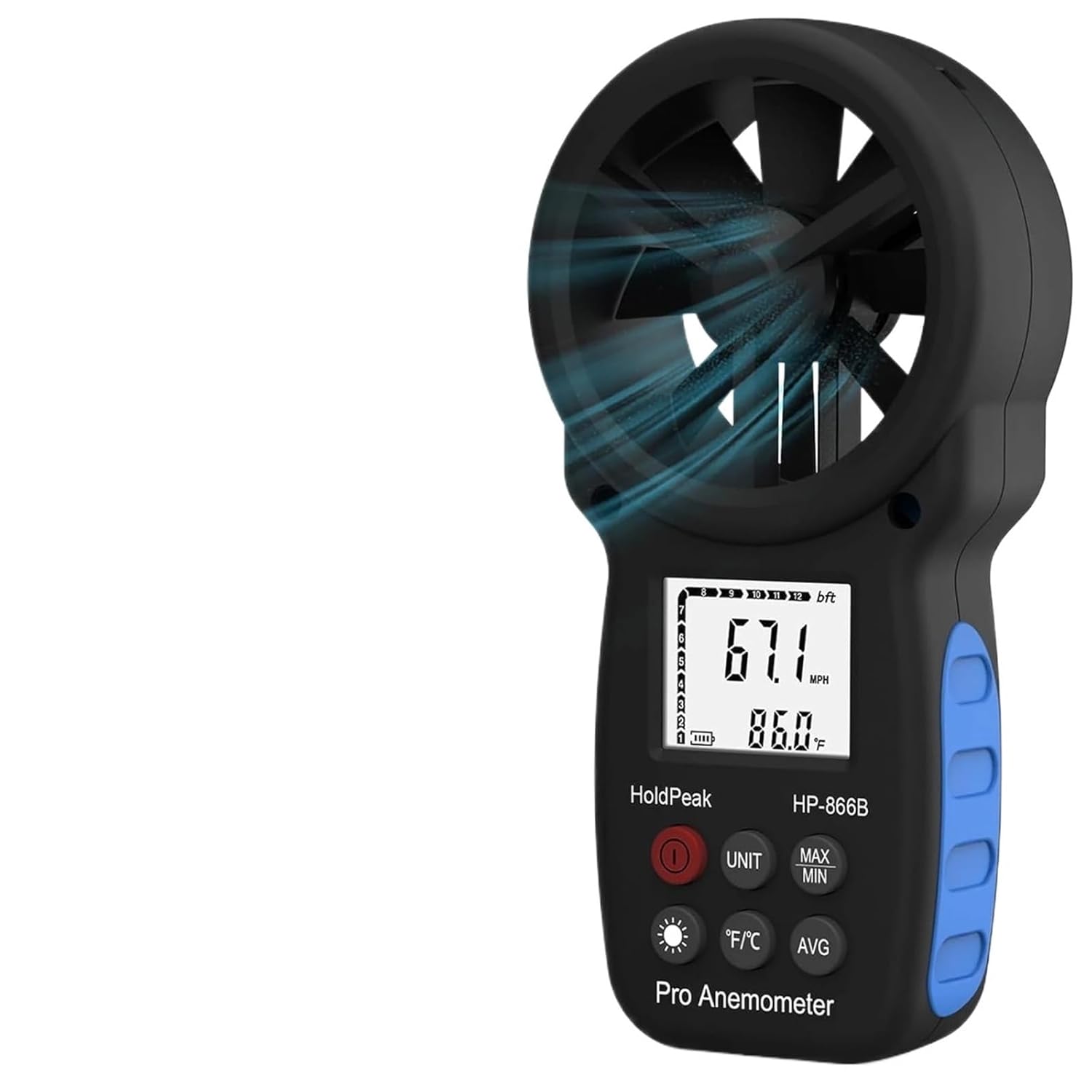 HP-866B Digital Anemometer Temperature Meter Mini Wind Meter Wind Speed Air Velocity Measuring Wind Sensor Windmeter 0-30m/s(BT-100)