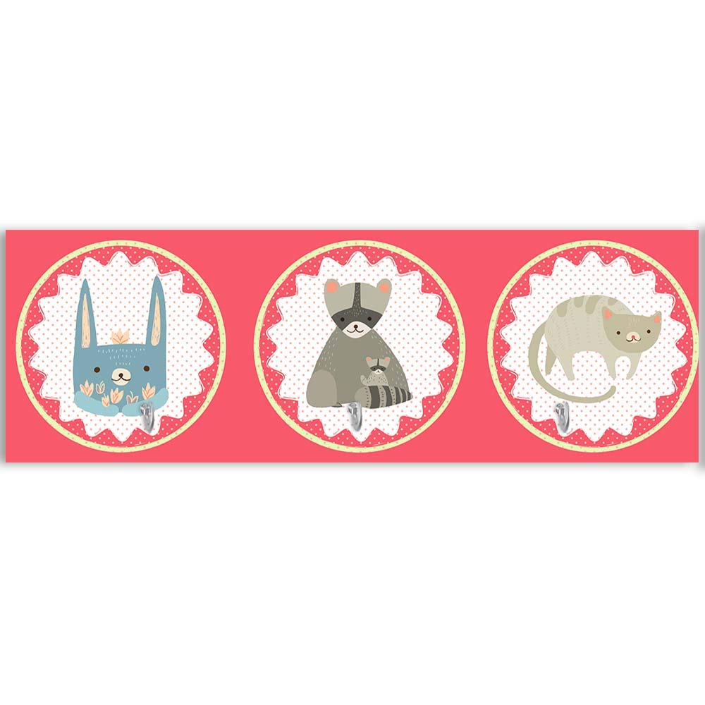 Feeby Tableau Patère murale animaux avec crochets pour chambre de bébé rouge 70x25 cm
