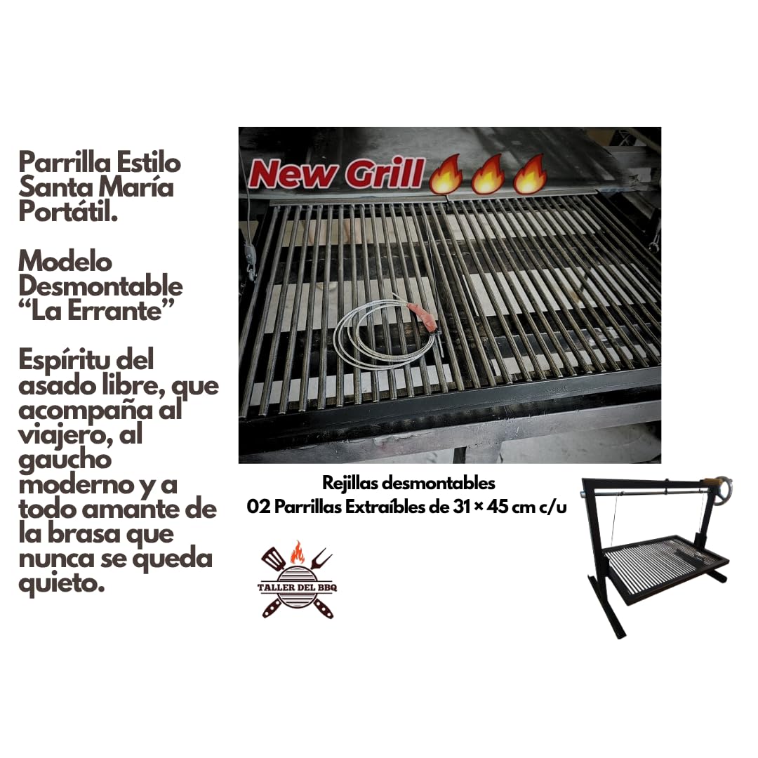Griglia argentina portatile - Stile Santa Maria - #WorkerDelBBQ Acciaio rinforzato con sistema di sollevamento | Realizzata a mano da officina BBQ | Per legna o carbone