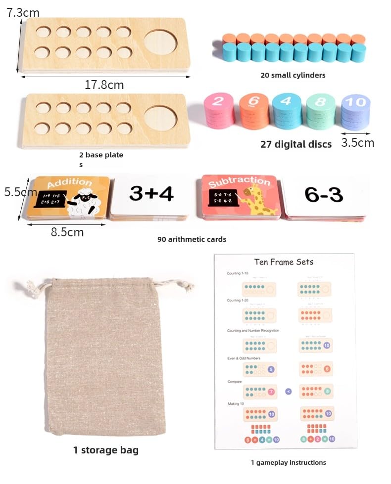 MARA BOMMAI® Wooden Ten Frame Math Learning Toy | Montessori Counting & Number Recognition Set for Kids | Educational Addition & Subtraction Toy for Preschoolers | STEM Math Manipulative for 3+ Years - Image 3 thumbnail