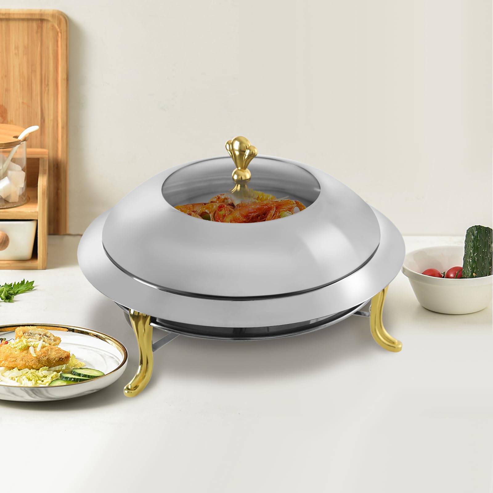 Set da 3 litri rotondo Chafing Dish Buffet in acciaio inox con coperchio in vetro, fuoco regolabile, Chafing Dish Buffet, scalda buffet, scrivania per alimenti caldi