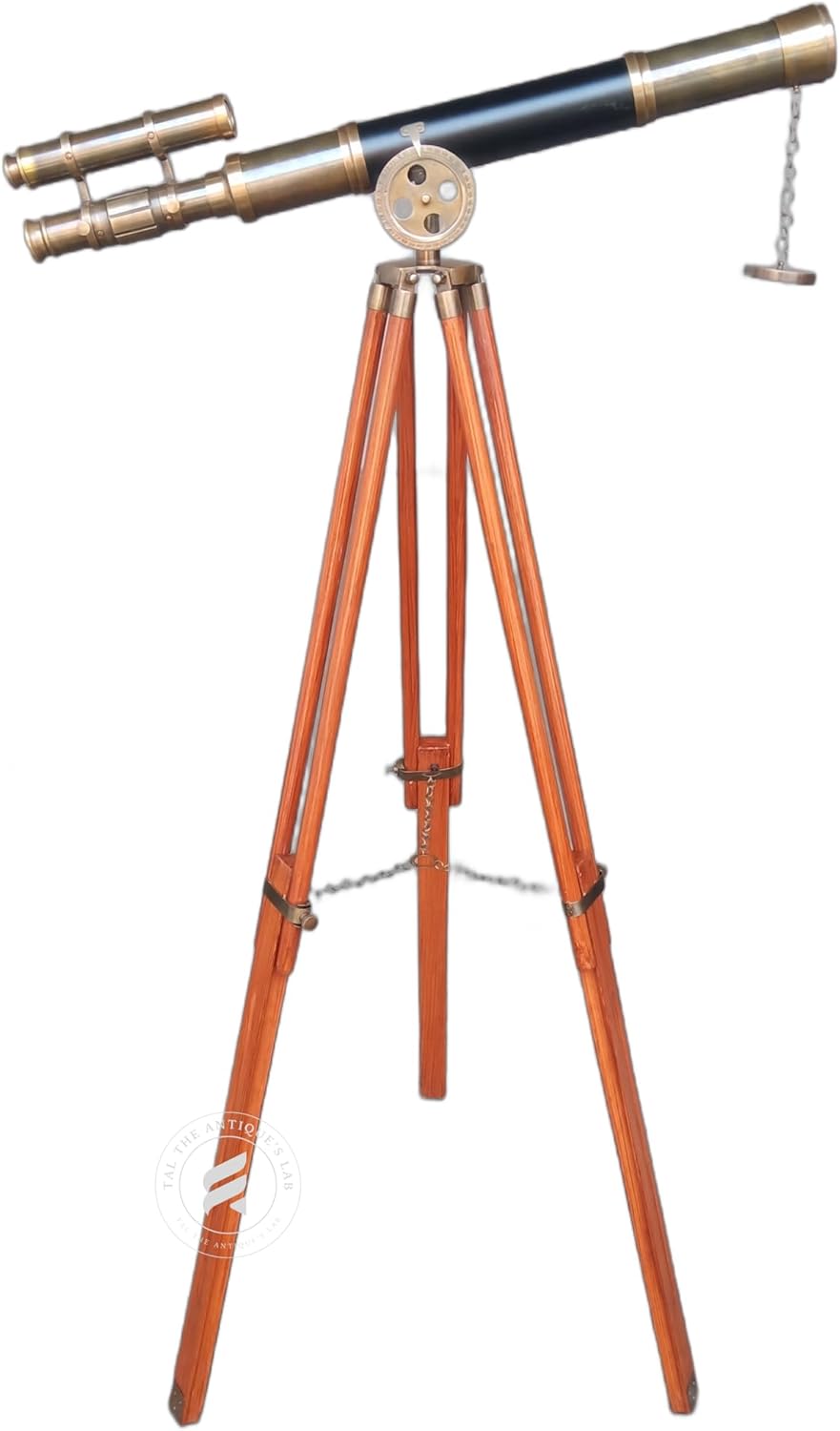 Antique Brass Double Barrel Nautical Telescope with Black Leather Cover – Floor Standing, Vintage Maritime Telescope on Brown Wooden Tripod, Royal Handmade Authentic Telescopic Decor