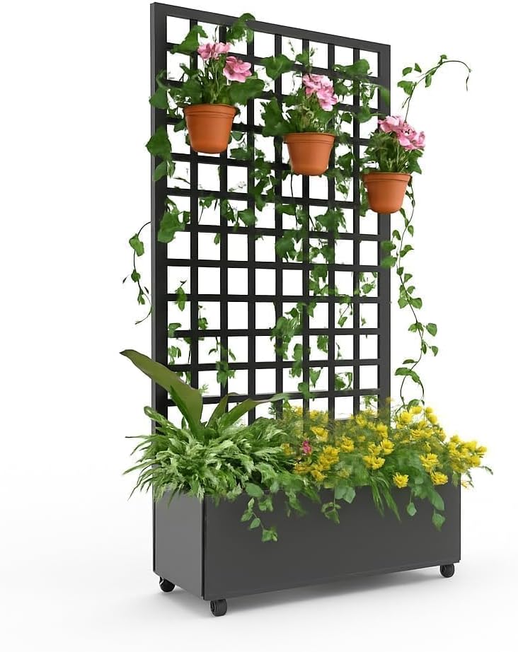 IDEALHOUSE 72"X47" Galvanized Raised Garden Bed with Square Trellis, 12" Deep Planter Box on Locking Wheels, Drainage Holes for Climbing Plants, Flowers, Patio, Balcony & Small Spaces, Black