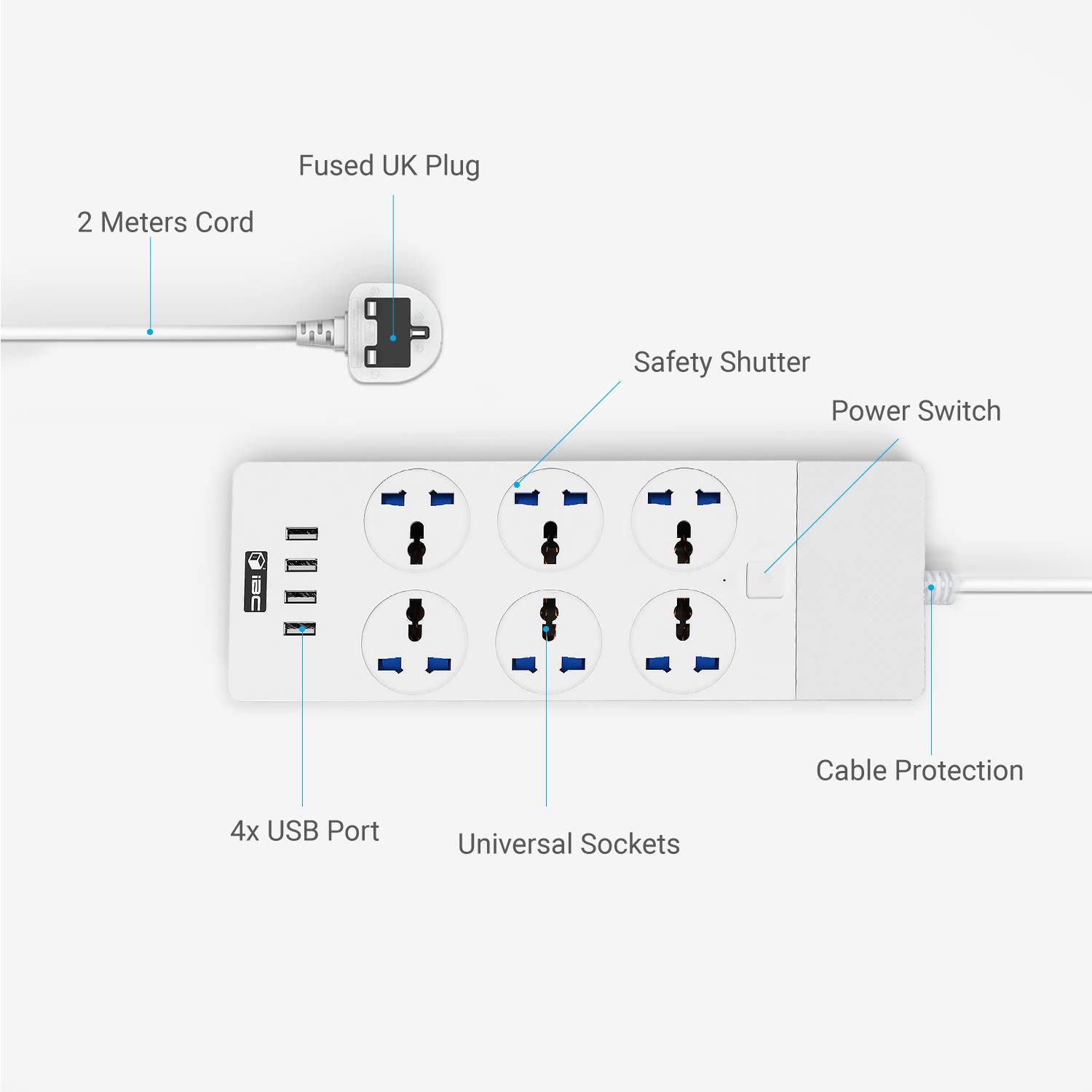 iBlockCube Universal Power Strip Extension Lead Wall Mount Outlet Adapter with 4 (2.1A) USB Hub
