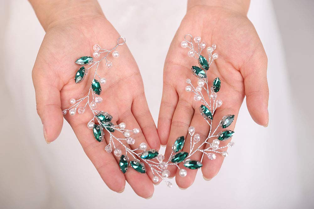 Amazon.com : Denifery Silver Wedding Headband Green Crystal  display picture 2