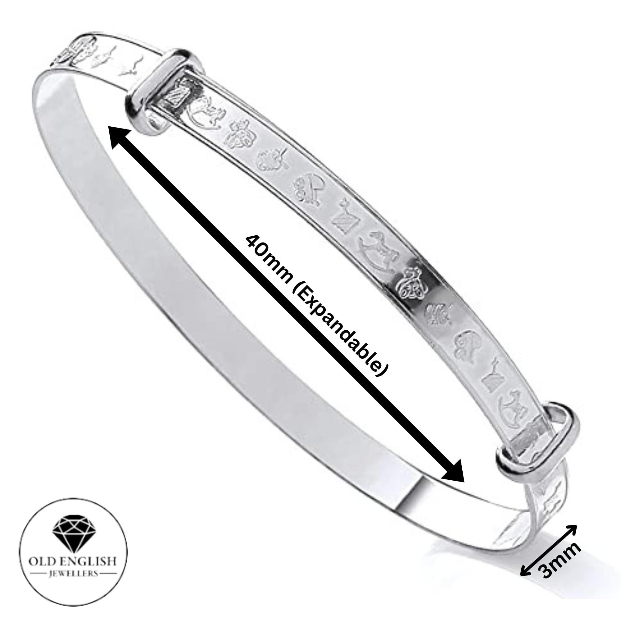 Old English Jewellers Solid Sterling Silver Expanding Baby Bangle - NURSERY PATTERN, Inner circumference is 4.75", expandable to 5.75" - Image 2