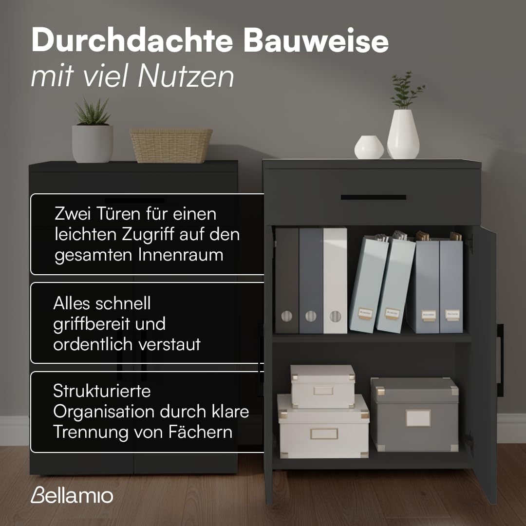 Bellamio Apol Mehrzweckschrank schwarz – Büroschrank 60cm breit – Aktenschrank Holz mit 1 Schublade 2 Fächer – kleines Bücherregal für Flur/Büro/Wohnzimmer – Aufbewahrungsschrank 88cm hoch