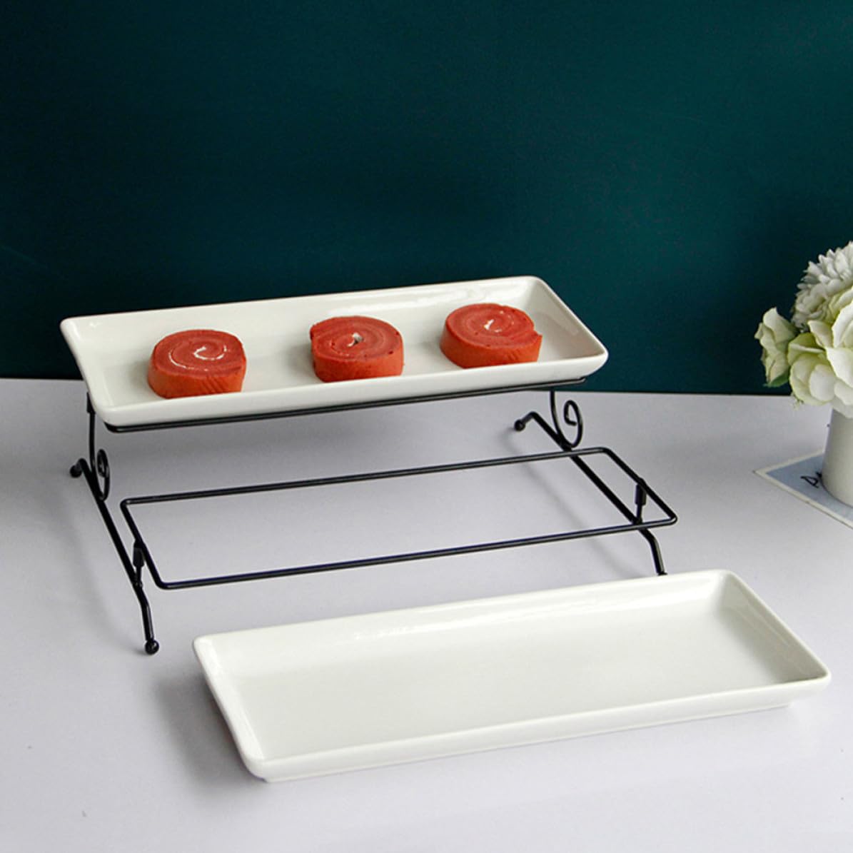 Soporte para Servir Pasteles de Doble Capa, Cerámica y Hierro Blanco