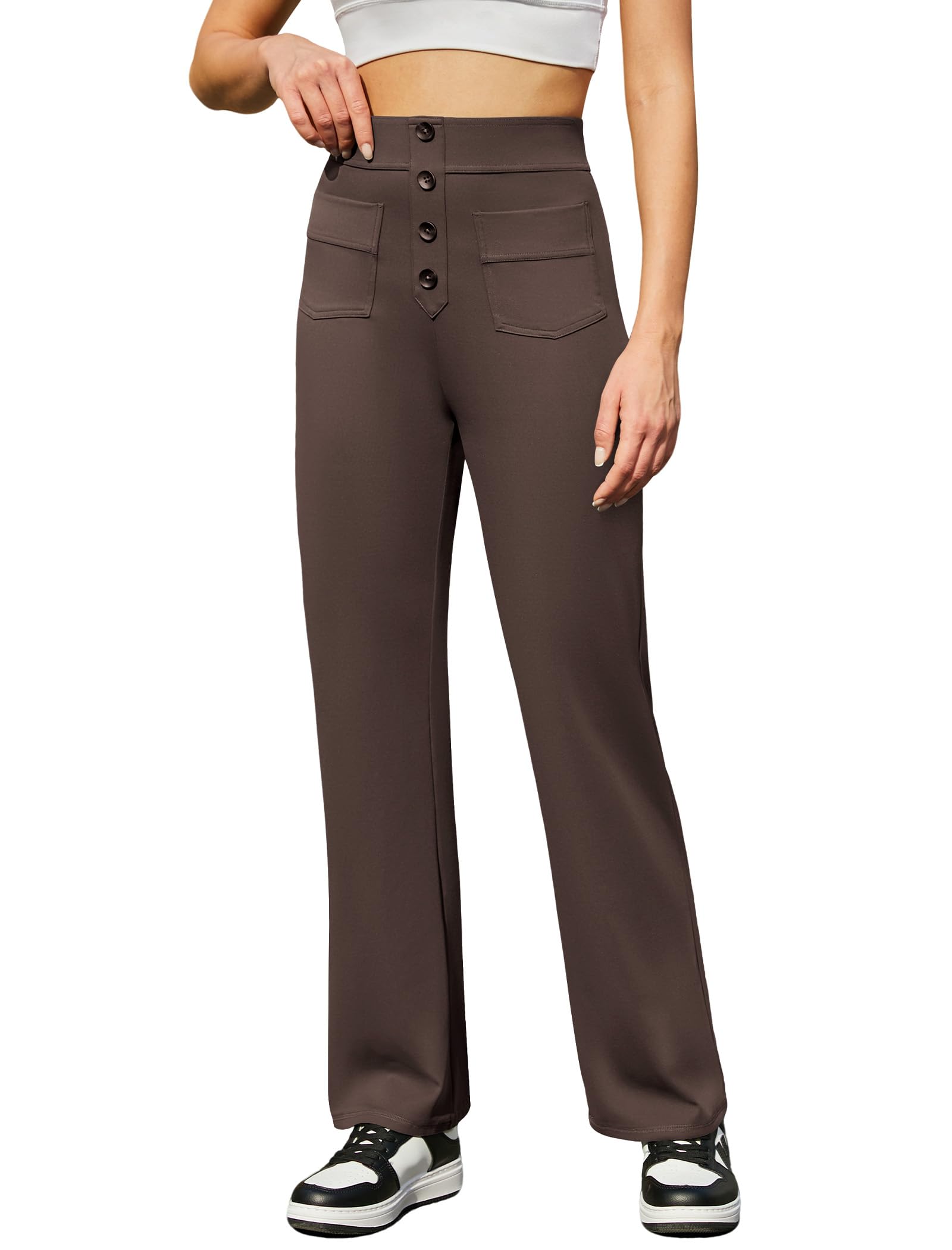 Friptspyg Hosen Damen Hohe Taille Freizeithose Stretch Hose mit Knopf Gerade Yogahose mit Taschen Elastische Hose Damen Weites Bein für Bewegung und Freizeit