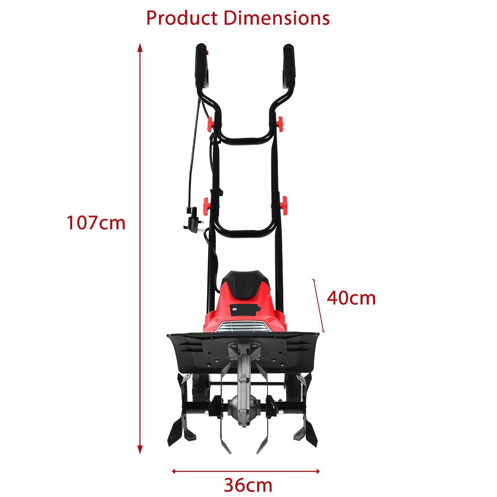 SOARS Motobinadora eléctrica 1500 W, ancho 35 cm, profundidad 22 cm, ruedas plegables y altura ajustable, diseño doble seguridad, motocultor eléctrico para invernadero, jardín, campo, patio trasero (4