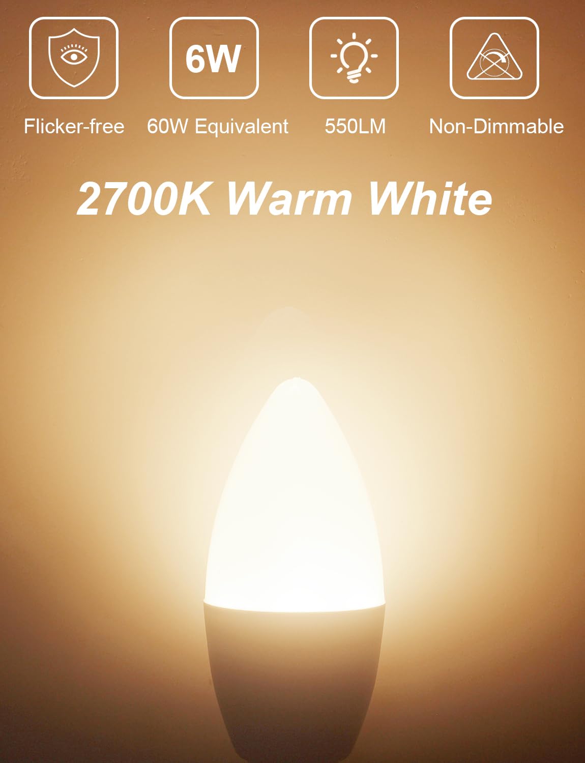 YUWDW E14 LED Light Bulb,Warm White 2700K Yellow Light,6W (60 Watts Equivalent) SES LED Candle Bulb,Small Edison Screw Light Bulbs,Energy Saving Candle Light Bulbs,550 Lumen,Non-Dimmable,Pack of 6 - Image 2