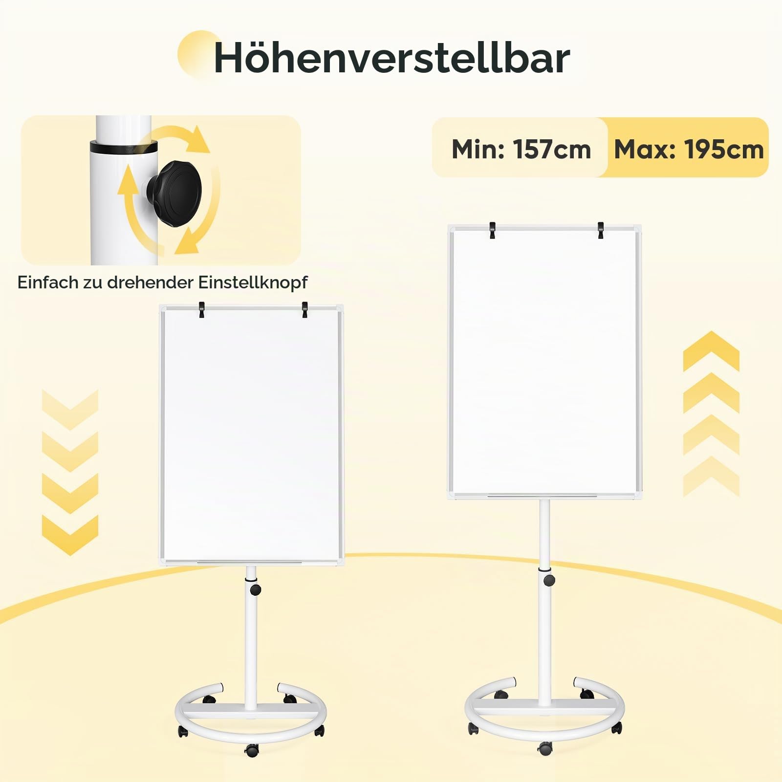 100x70cm Flipchart Ständer, Magnetische Whiteboard mobil mit Rollen, höhenverstellbar 157-195cm, trocken abwischbar, magnetisch, für Büro Schule Zuhause