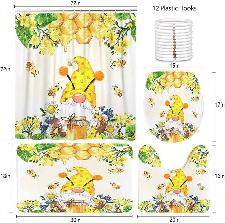 Miniatura 3 de Ansouyi Juego de 4 cortinas de ducha de baño con alfombras antideslizantes, cubierta para tapa de inodoro y tapete de baño, diseño de gnomo de miel