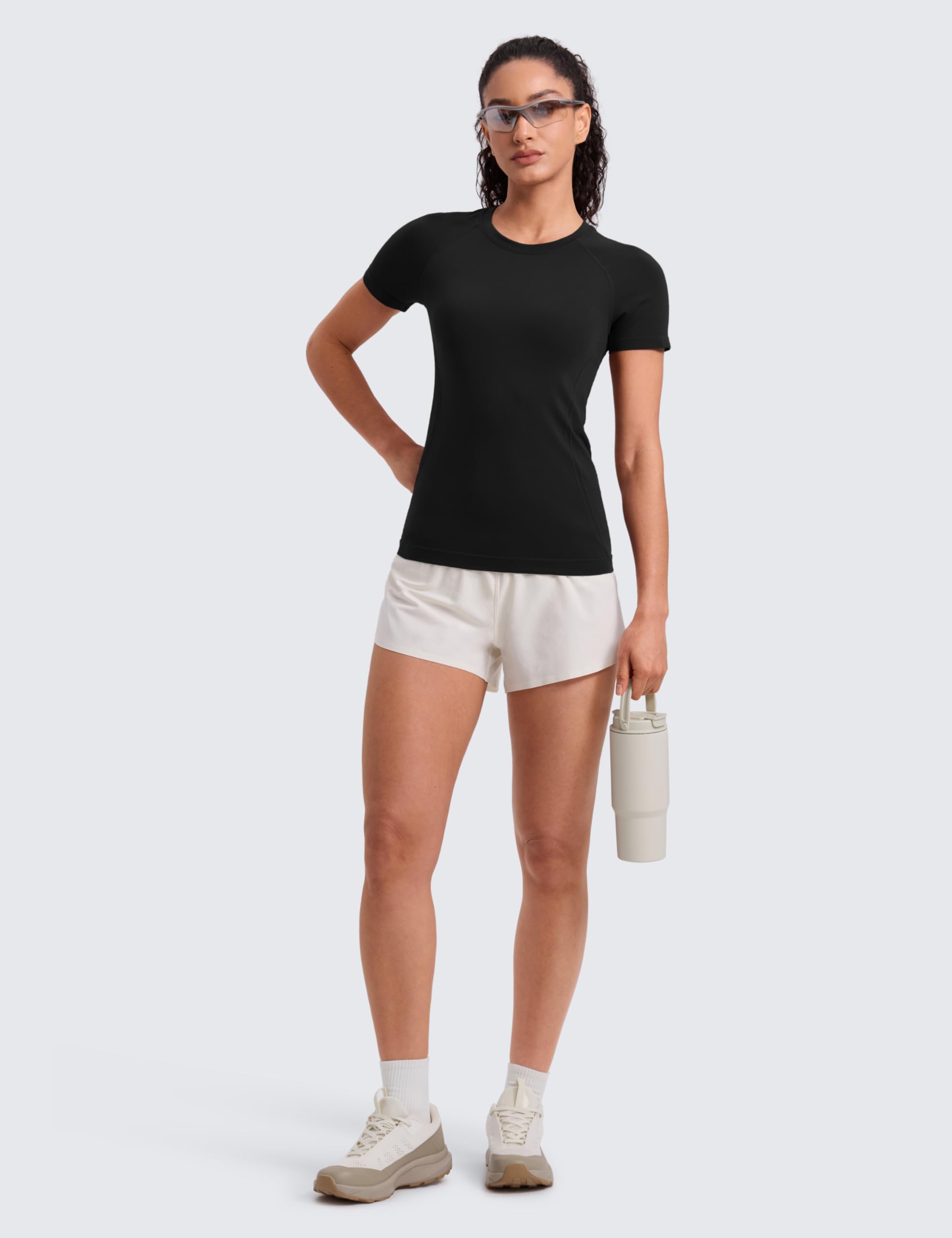 CRZ YOGA Damen Nahtlos Sport T-Shirt Atmungsaktiv Shirts Sportshirt Laufshirt Gym Workout Kurzarm Schmale Shirt