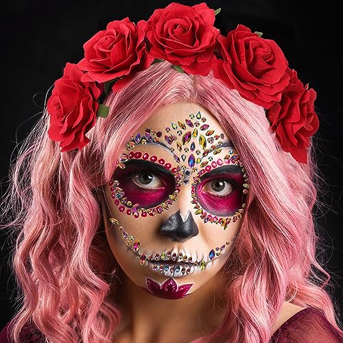 HOWAF Day of The Dead Headband, Rose Floral Crown Garland with 4pcs Halloween Tattoo Face Stickers for Women's Day of The Dead Costume - Image 4