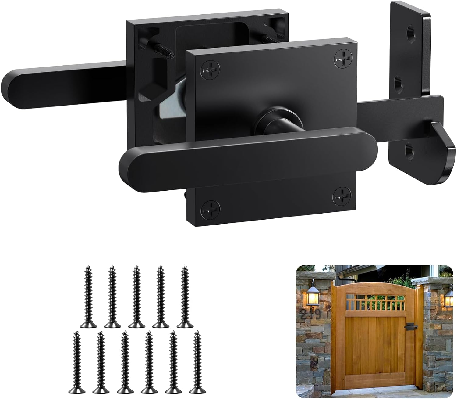Double Side Gate Latch, Heavy Duty Gate Latch for Wooden Fence, Black Fence Gate Latch with Handles, Heavy Duty Gate Latch for Wooden Gates, Pool Gate, Backyard, Garden GL01